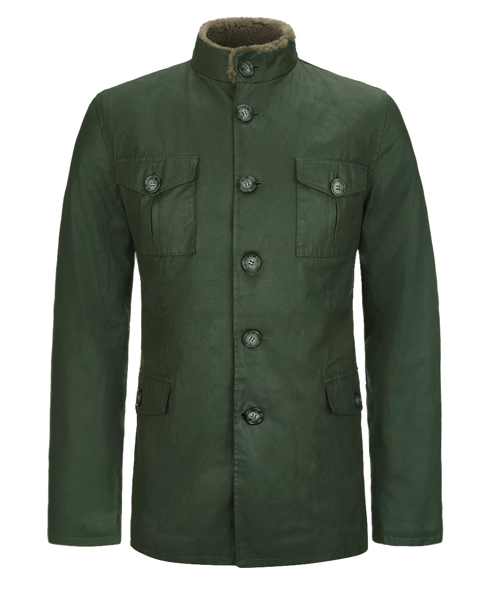 Military green mens cotton jacket with buttons and four outer pockets. Wool collar