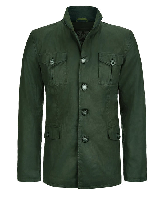 Green safari field jacket with button front and high collar front view