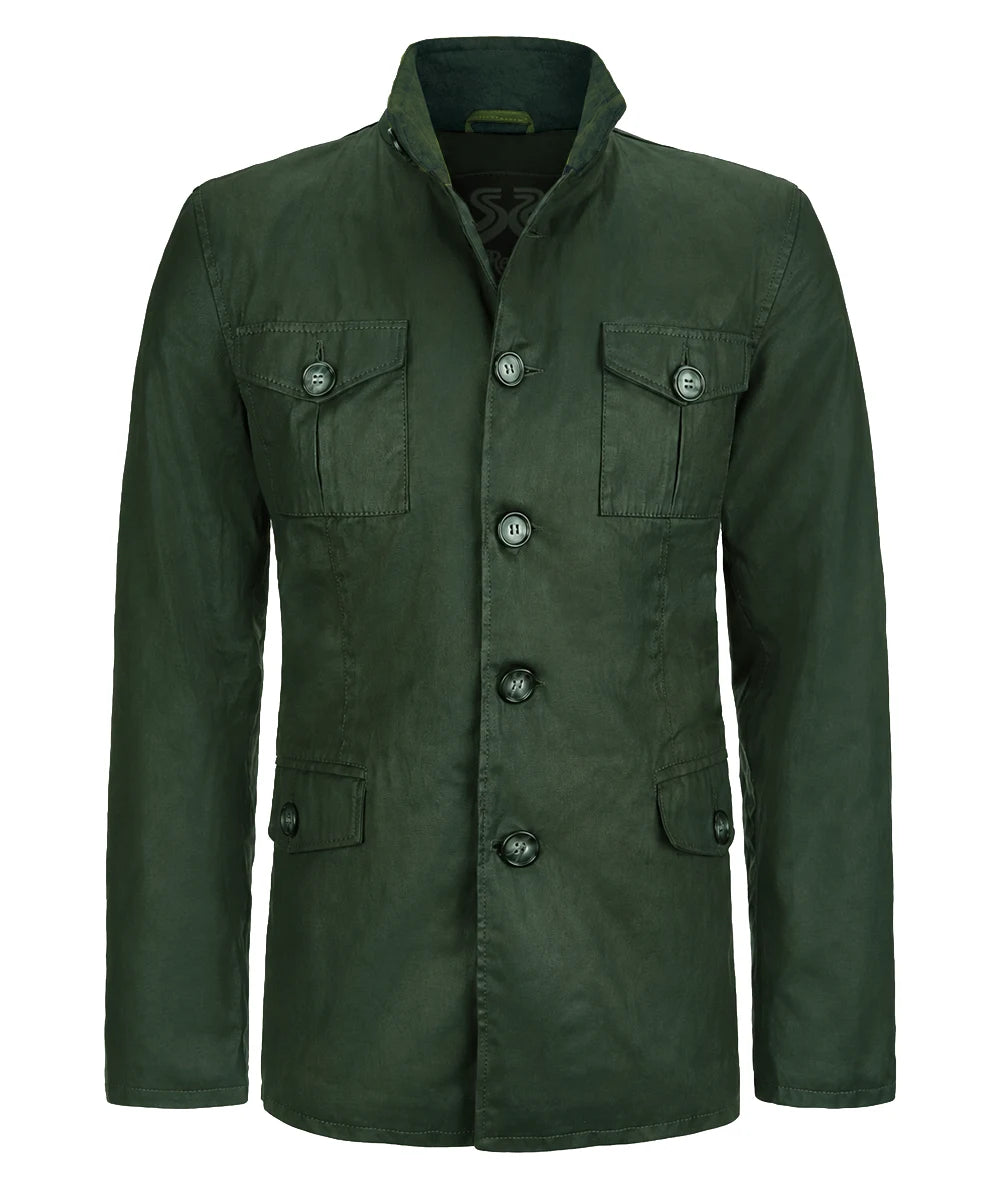Green safari field jacket with button front and high collar front view