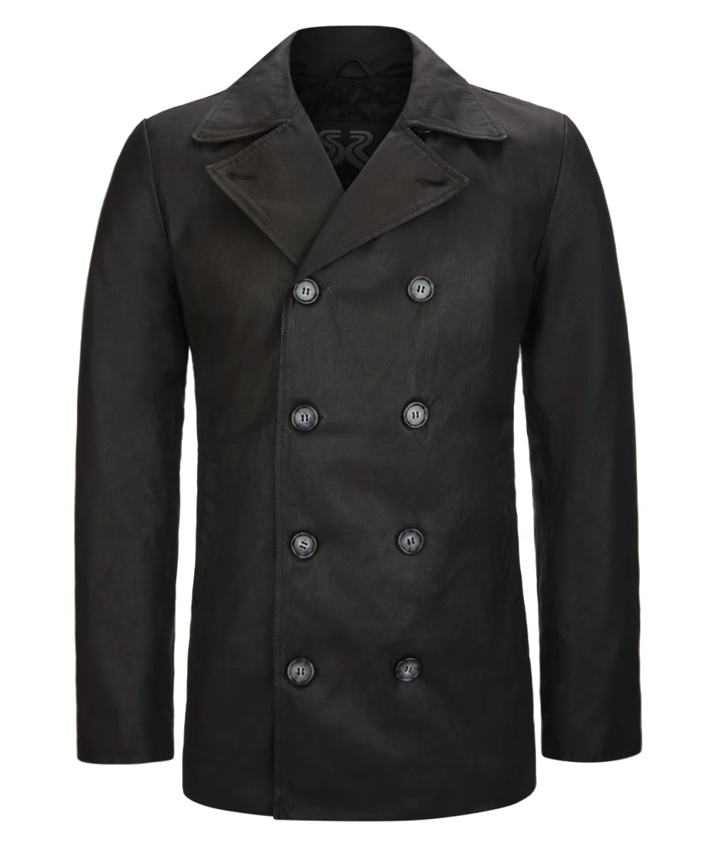 Front view of men's black pea coat jacket with slim fit styling and classic navy inspired design