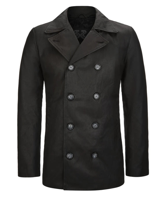 Front view of men's black pea coat jacket with slim fit styling and classic navy inspired design