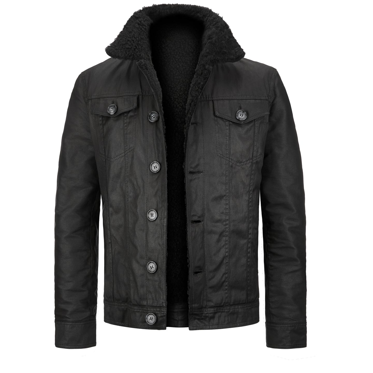 open front view of black trucker jacket in cotton with shearling collar.