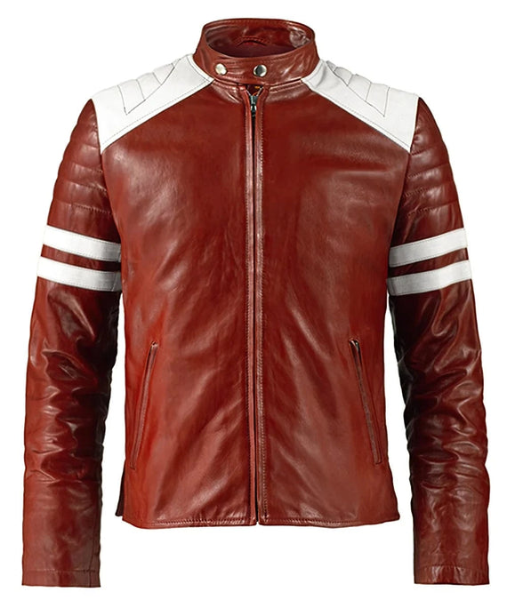 Mayhem Fight Club film replica red leather jacket with slim fit vintage biker styling inspired by Brad Pitt