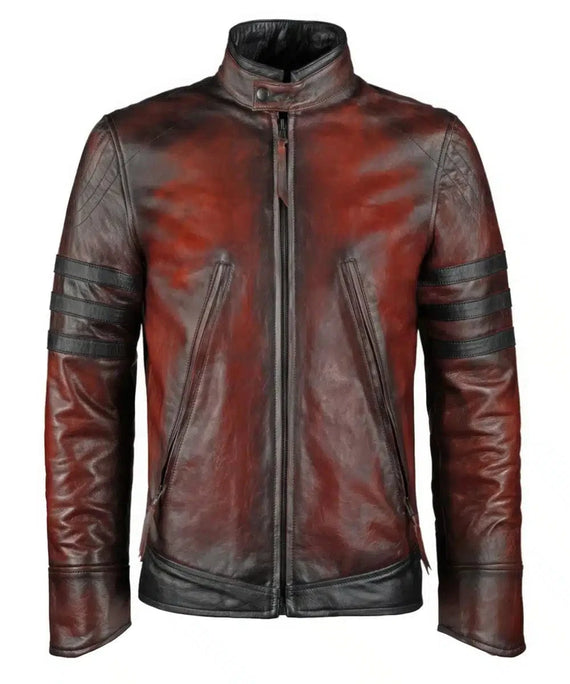 Origins replica red leather jacket with slim fit vintage biker styling and contrast racing stripe detailing