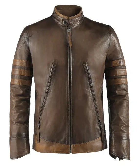 Origins replica brown leather jacket with slim fit vintage biker styling and contrast racing stripe detailing
