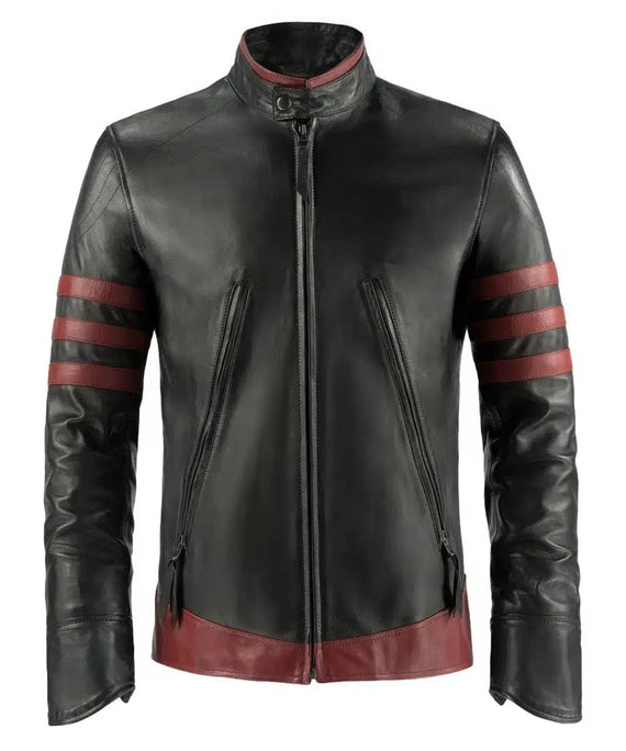 Origins replica black leather jacket with slim fit vintage biker styling and red racing stripe detailing