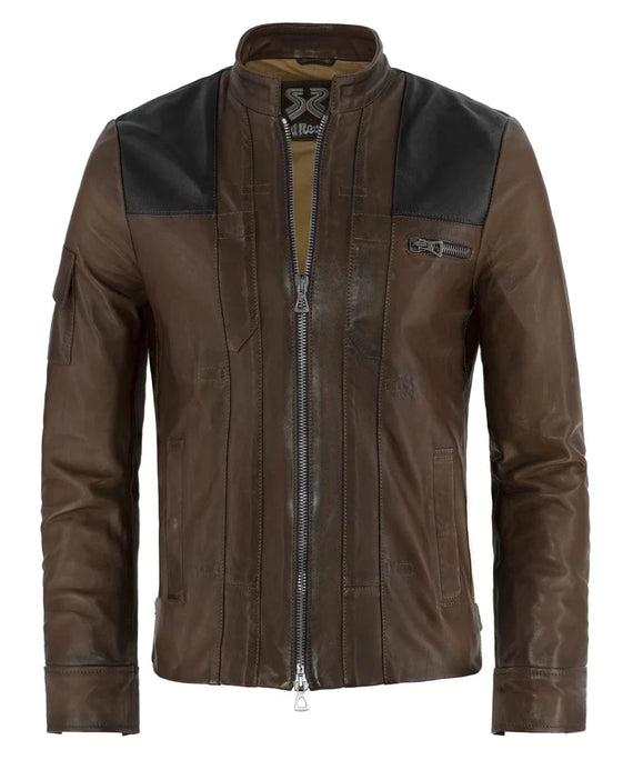 Han Solo replica brown leather jacket with slim fit sci fi styling and contrast shoulder panel detailing