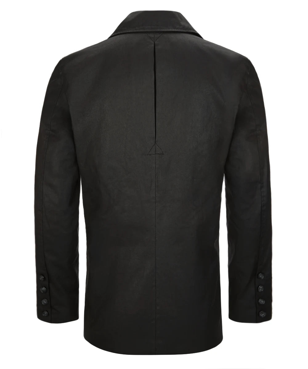 view of men's black pea coat jacket with slim fit styling and classic navy inspired design