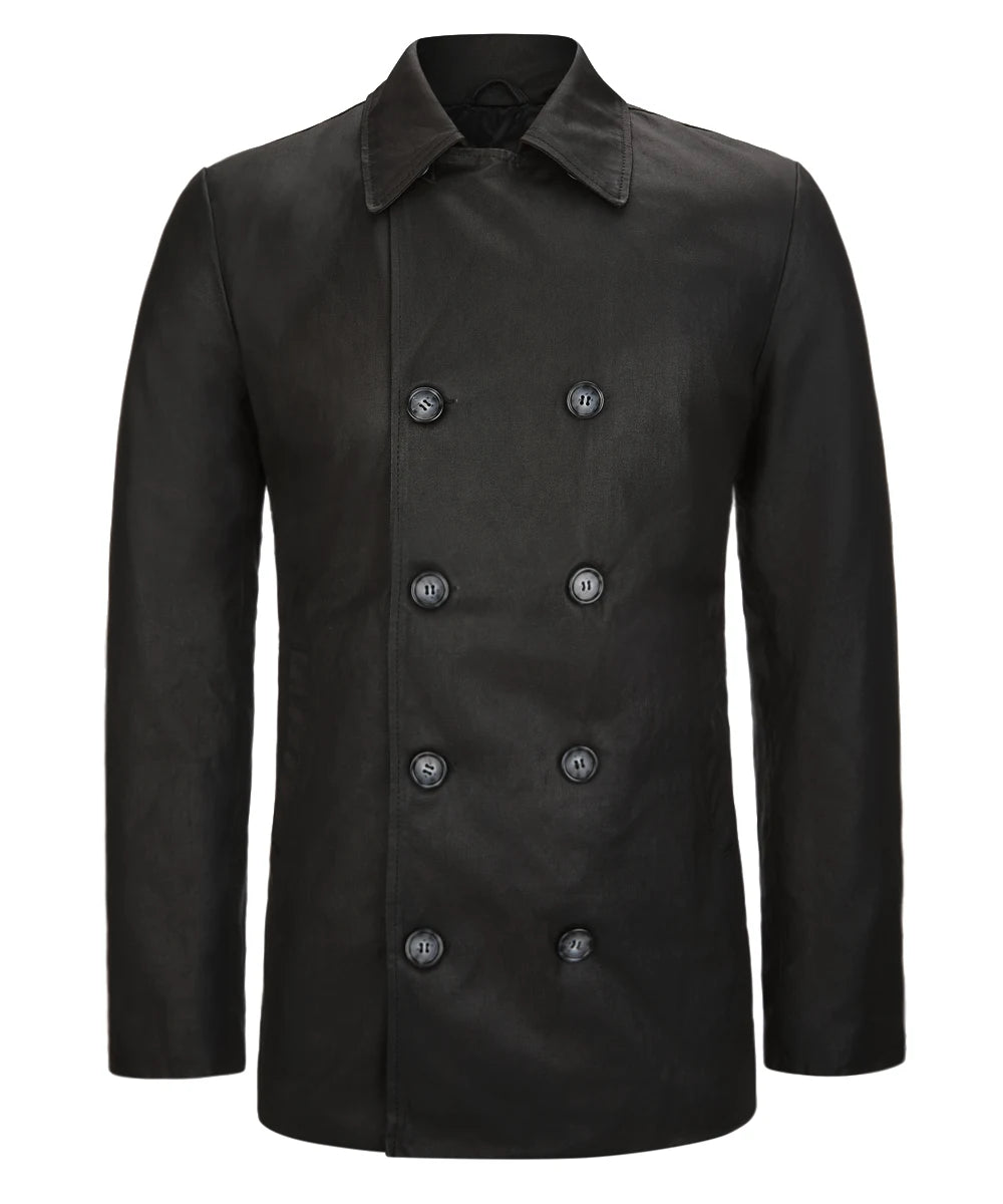 Front view of men's black pea coat jacket with slim fit styling and classic navy inspired design