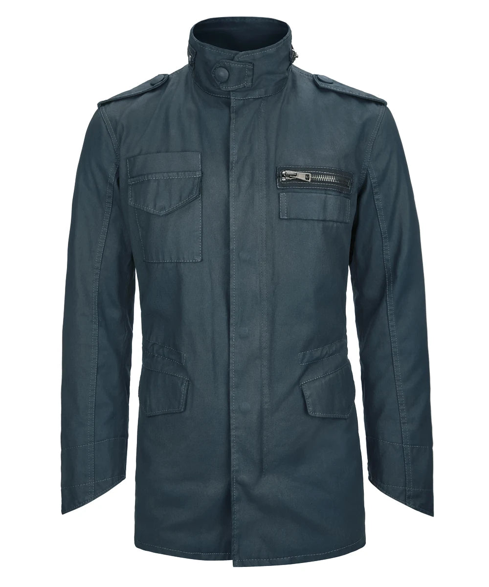 Dystopian green m-65 military style cotton jacket front view.