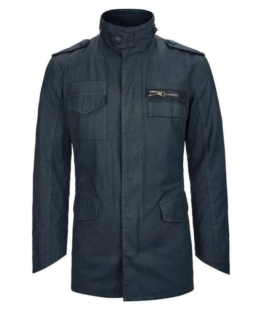 Dystopian green m-65 military style cotton jacket front view.