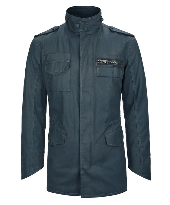 Green M-65 military style jacket with concealed front closure and chest zip pocket front view