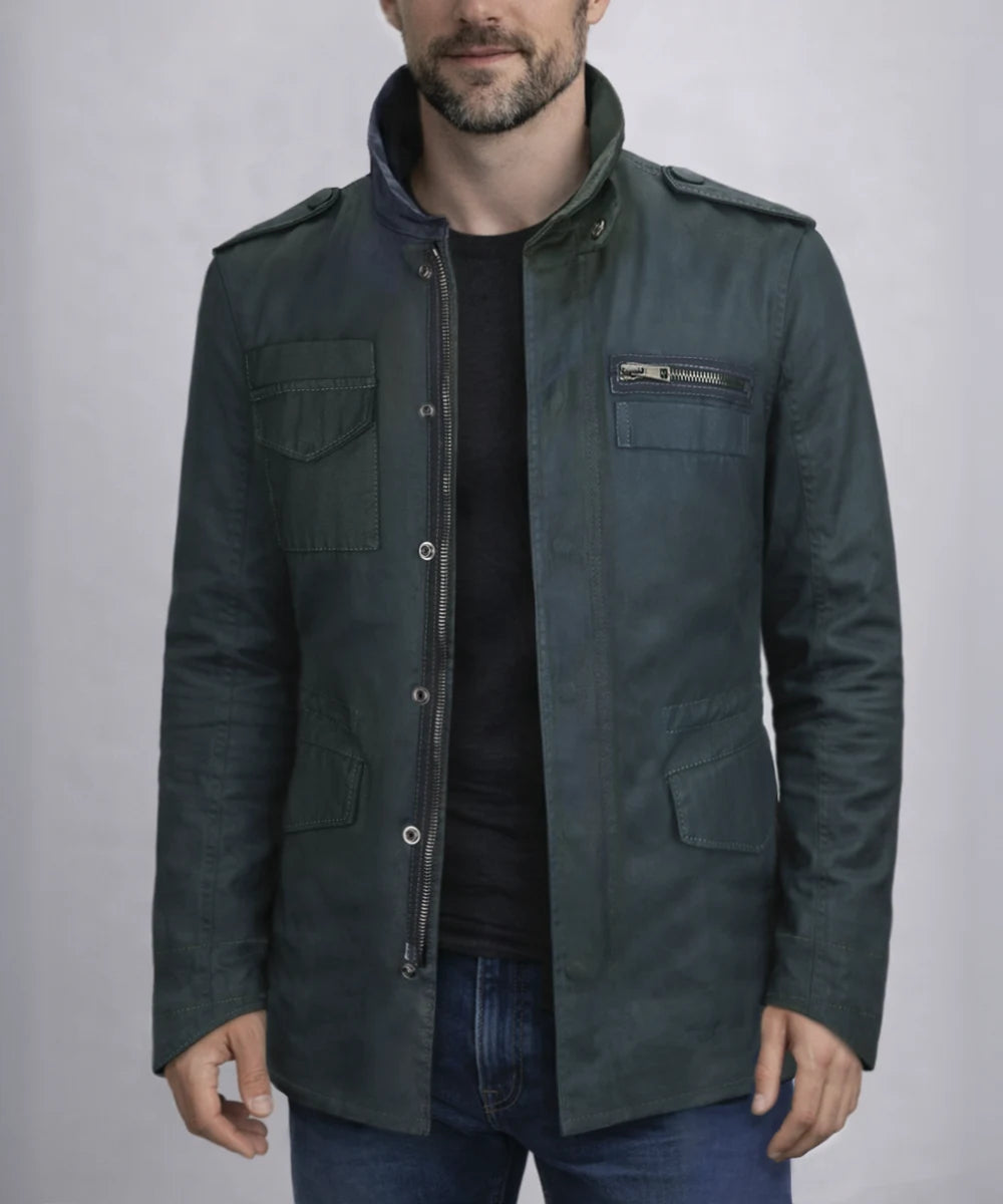Model wearing green Derek Reese inspired M-65 military style jacket from the Terminator TV series