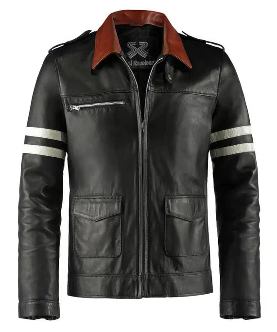 Prototype Alex Mercer replica black leather jacket with slim fit vintage biker styling and contrast collar detailing