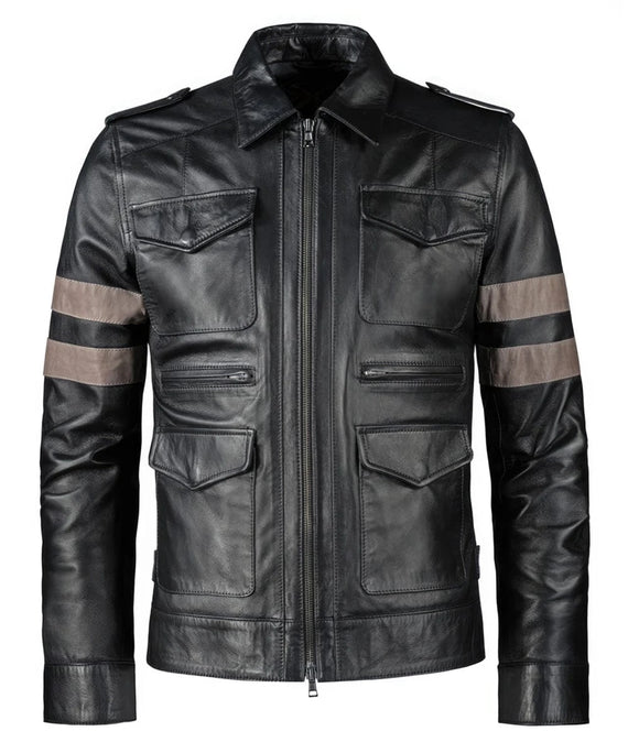 Resident Evil Leon Kennedy replica black leather jacket with slim fit military styling and contrast arm stripe detailing