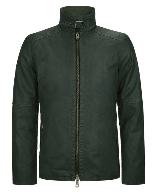 Front view of men's green cotton jacket with slim fit vintage styling, high collar, and minimalist design