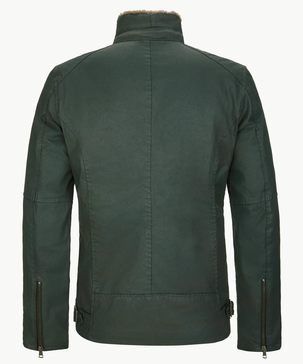 back view of Salvation mens green cotton jacket with cuff zips.