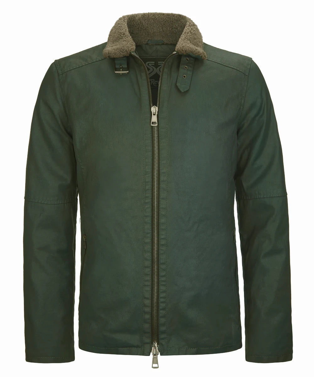 Mens green cotton jacket with shearling wool collar and two-way gunmetal zip.