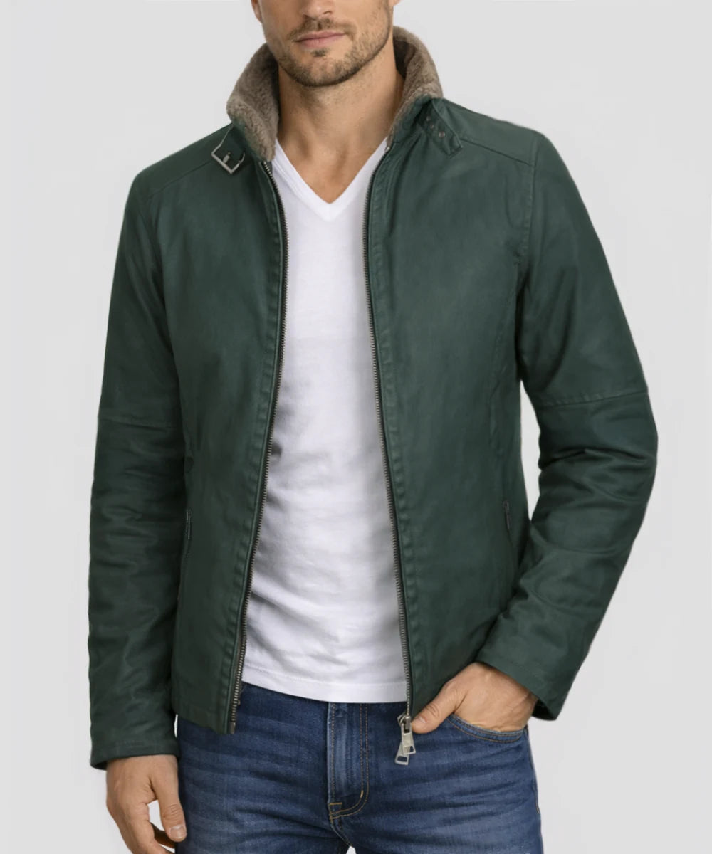 Model wearing men's green cotton jacket with slim fit vintage styling, shearling lined stand collar, and minimalist biker inspired design
