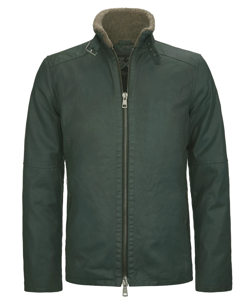 Mens Green jacket with fur-lined collar. Italian cotton.