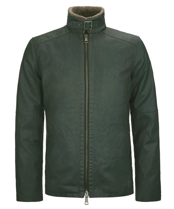 Front view of men's green cotton jacket with slim fit vintage styling, shearling lined stand collar, and minimalist biker inspired design