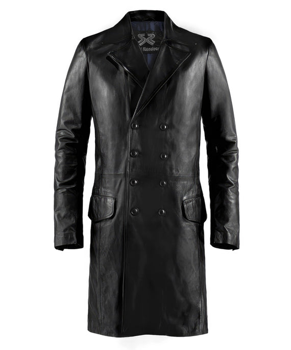 Front view of black leather coat with slim fit vintage styling and classic tailored design