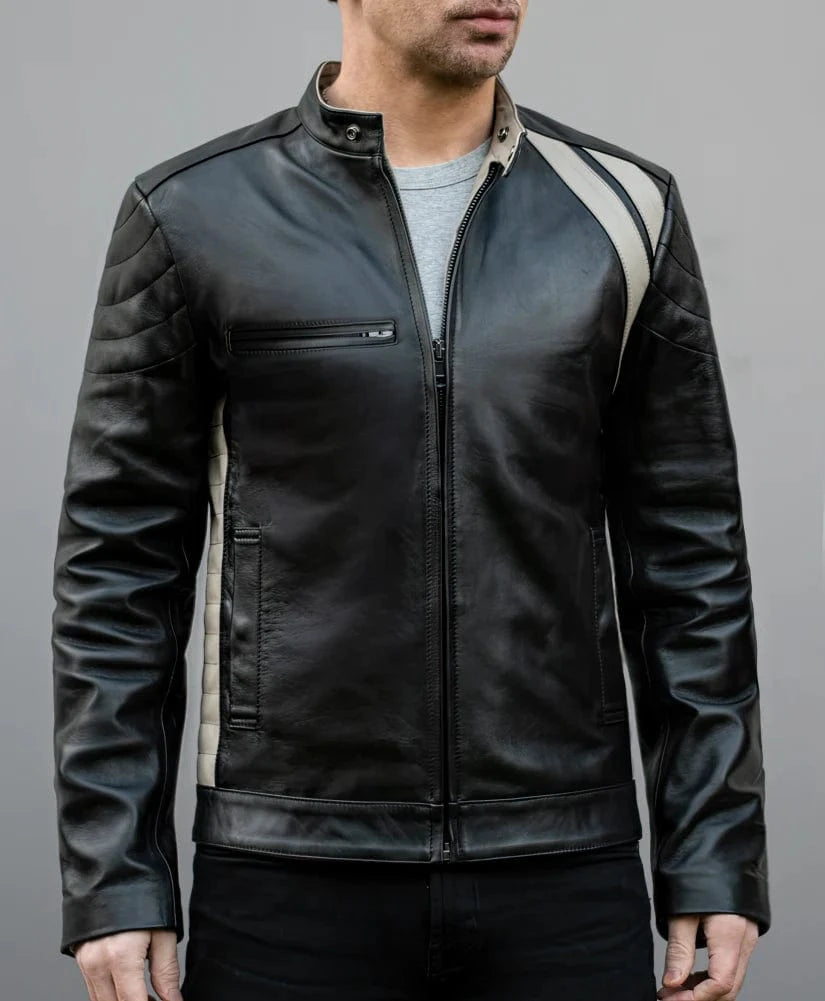 Men's Black leather jacket. Vintage style jacket with a Cafe Racer influence. Stripe detailing based on the 1970 Dodge Challenger.
