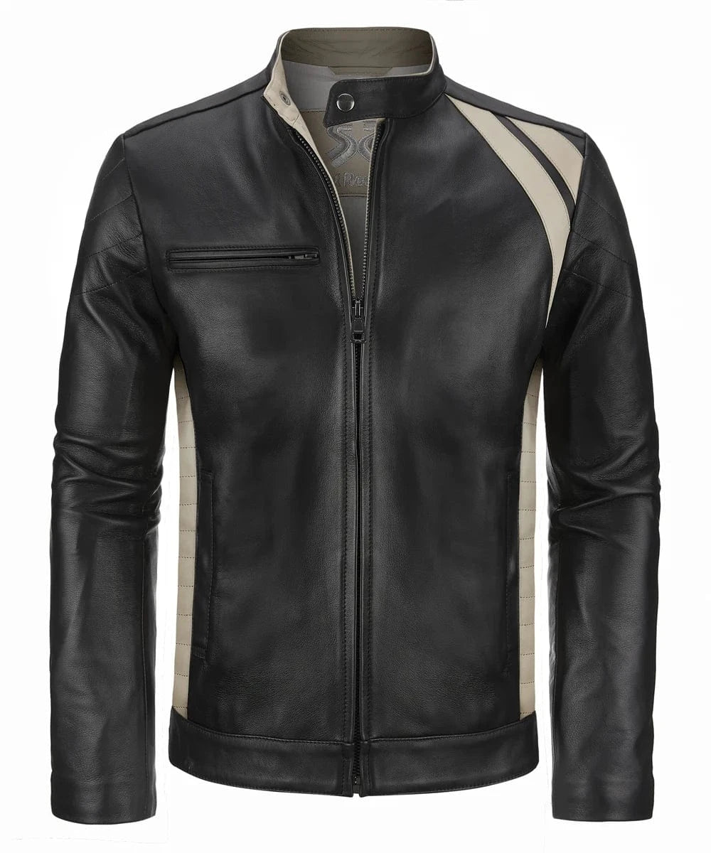 Black leather jacket. Vintage 1970's style leather jacket with Cafe Racer collar. Stripe detailing influenced by the 1970 Dodge Challenger.