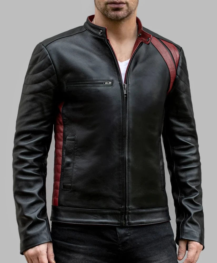Men's black leather jacket with red accent detailing, exuding quality and vintage style.