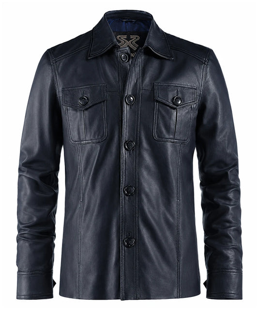 Soul Revolver vintage leather jacket men's The Haymaker blue shirt.