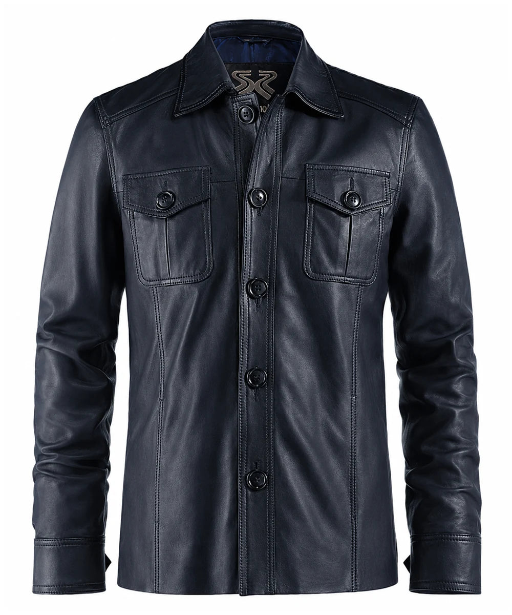 Soul Revolver vintage leather jacket men's The Haymaker blue shirt.