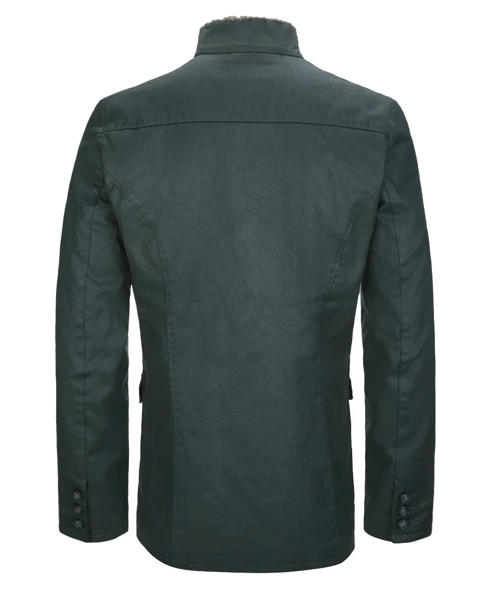 Back view of green safari field jacket with shearling collar and tailored fit