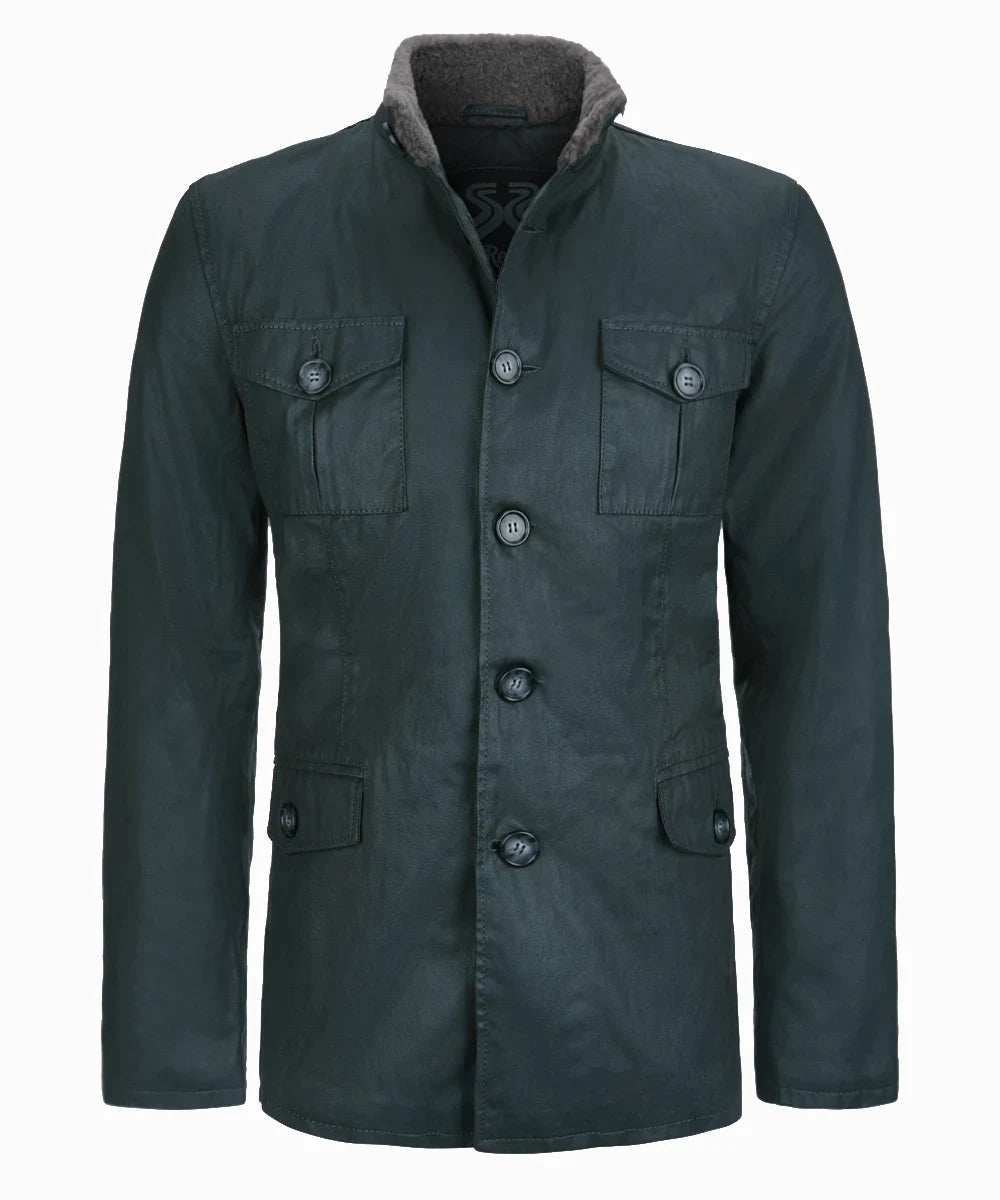 Green safari field jacket with button front and high collar front view
