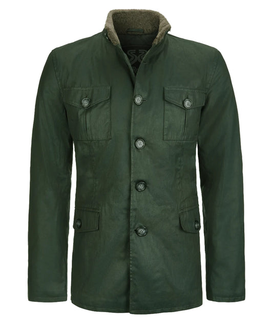 Men's dystopian safari green cotton jacket. Button up closure and chest pockets