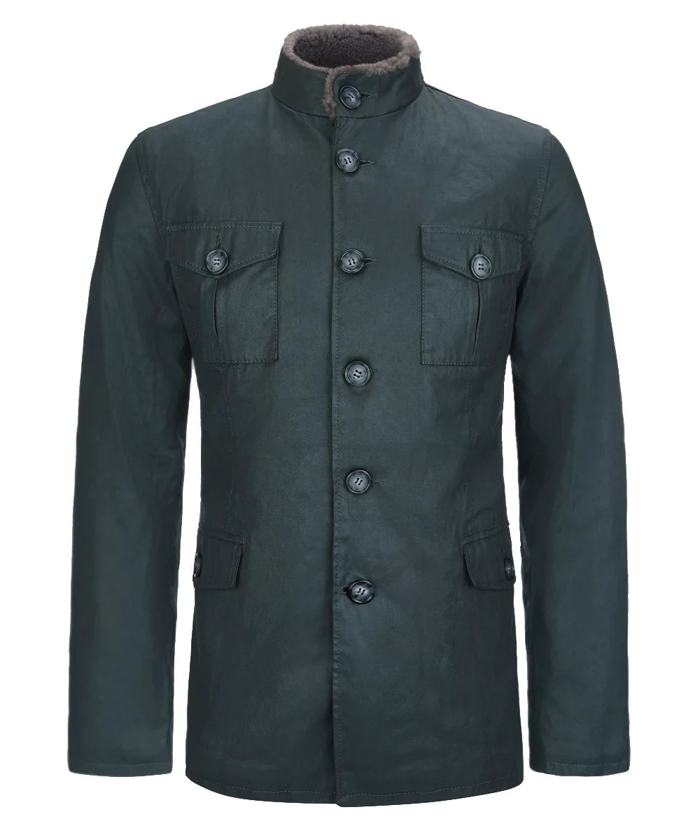Green safari field jacket with shearling collar and button front view