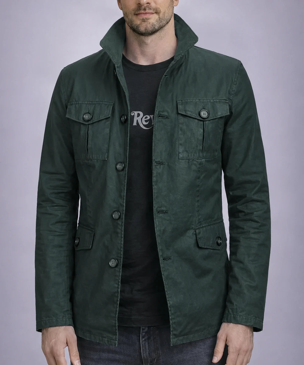 Model wearing green safari field jacket with Nehru collar and button front