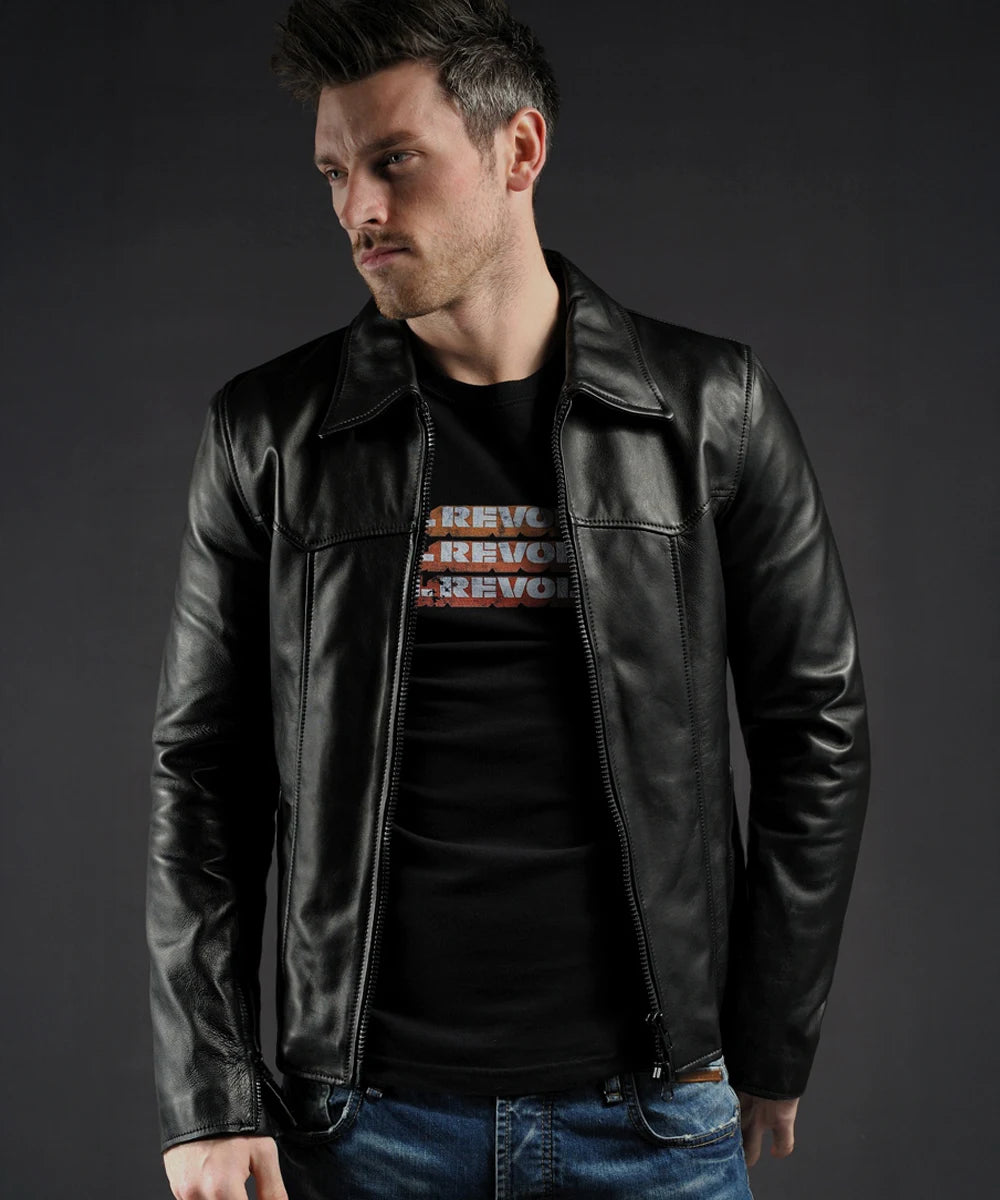 Men's black vintage leather jacket with retro collar. Slim fit style.
