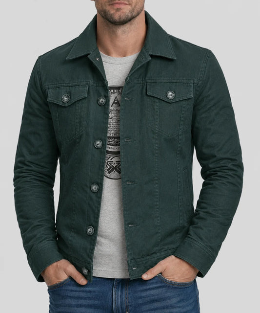 Front view of men's green cotton jacket with slim fit vintage styling, shirt style collar, and classic trucker inspired design