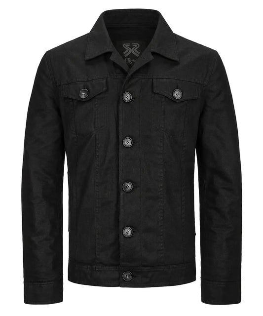 Front view of men's black cotton jacket with slim fit vintage stylin and classic trucker inspired design