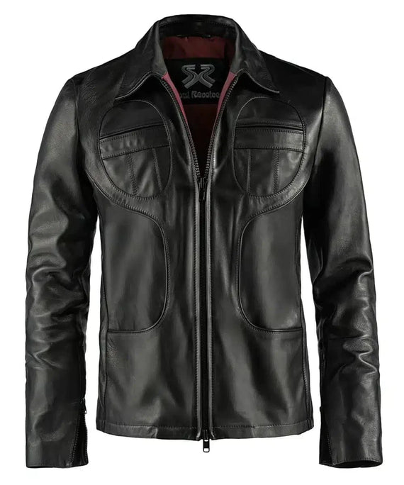 Front view of vintage black leather jacket with slim fit styling and distinctive panel detailing