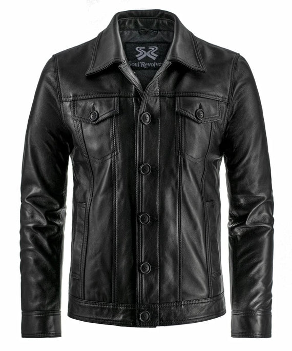 Front view of vintage black leather trucker jacket with slim fit styling and classic trucker inspired design