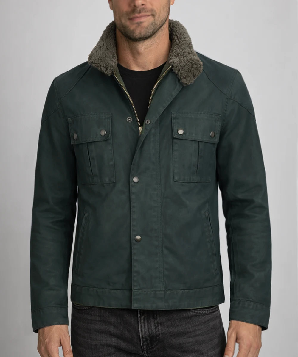 Model wearing vintage green cotton jacket with slim fit styling and button front design