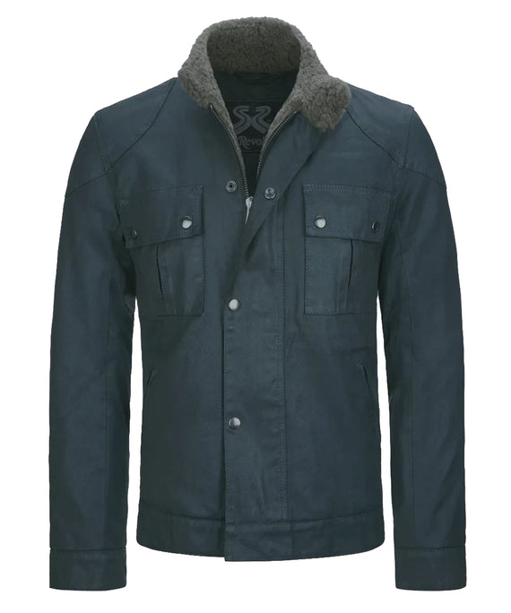 Front view of vintage green cotton jacket with slim fit styling and shearling collar
