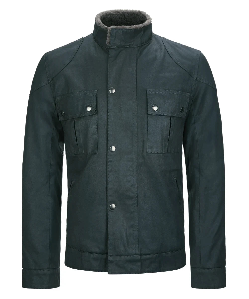 Front view of vintage green cotton jacket with slim fit styling and button front design