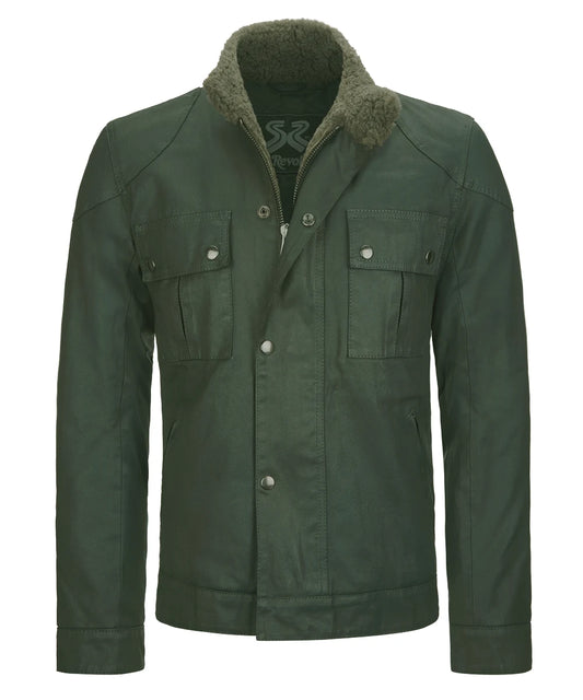 Wanted style men's green cotton jacket with chest pocket design and shearling collar. 