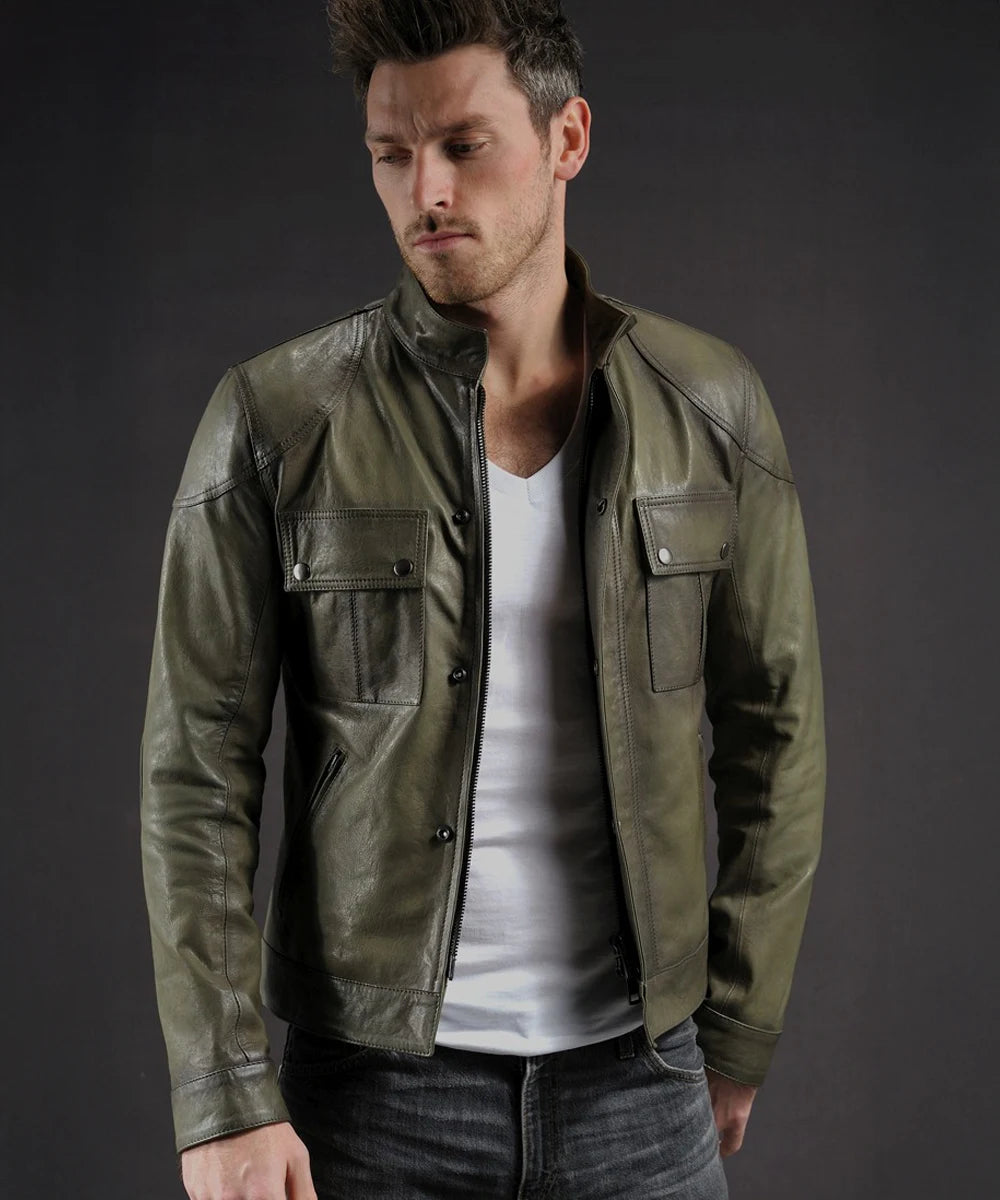 Men's olive green leather jacket replica from the movie Wanted