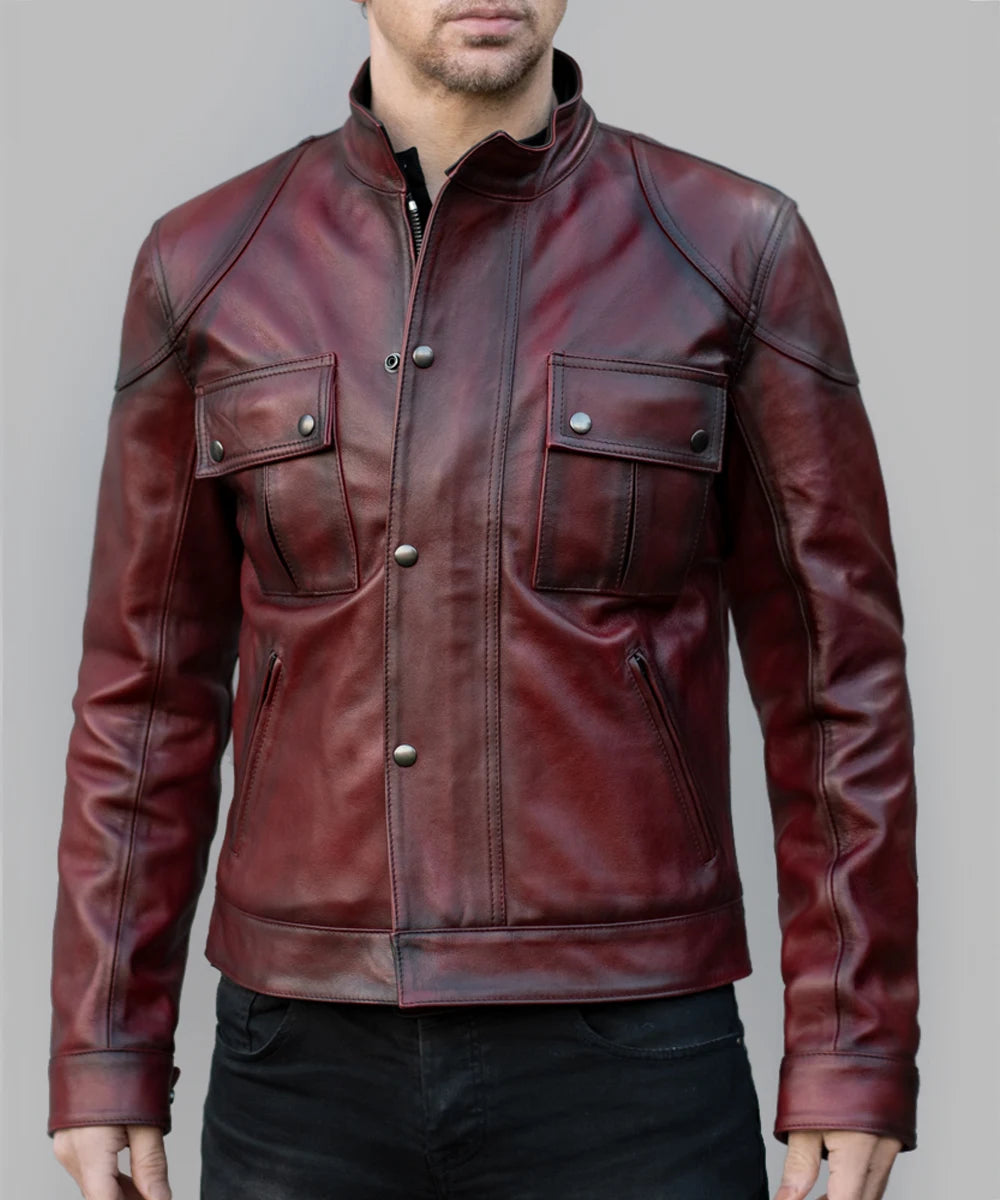 Model wearing vintage red leather jacket with slim fit styling and distressed finish