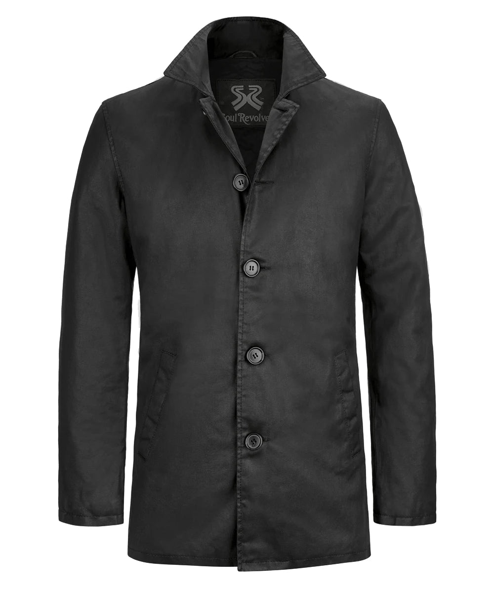 Front view of Dean Winchester Supernatural replica black cotton jacket with vintage styling