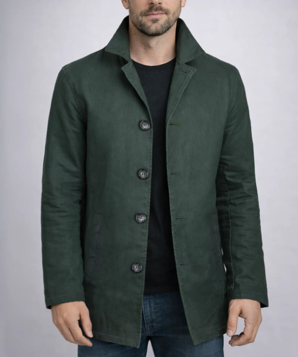 Model wearing Dean Winchester Supernatural replica green cotton jacket with vintage styling