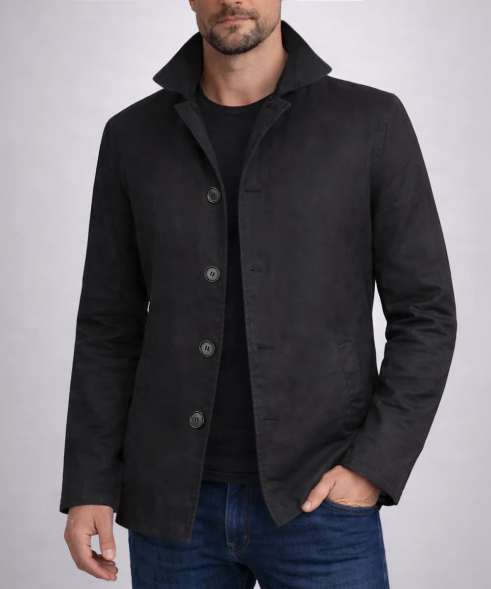 Model wearing Dean Winchester Supernatural replica black cotton jacket with vintage styling